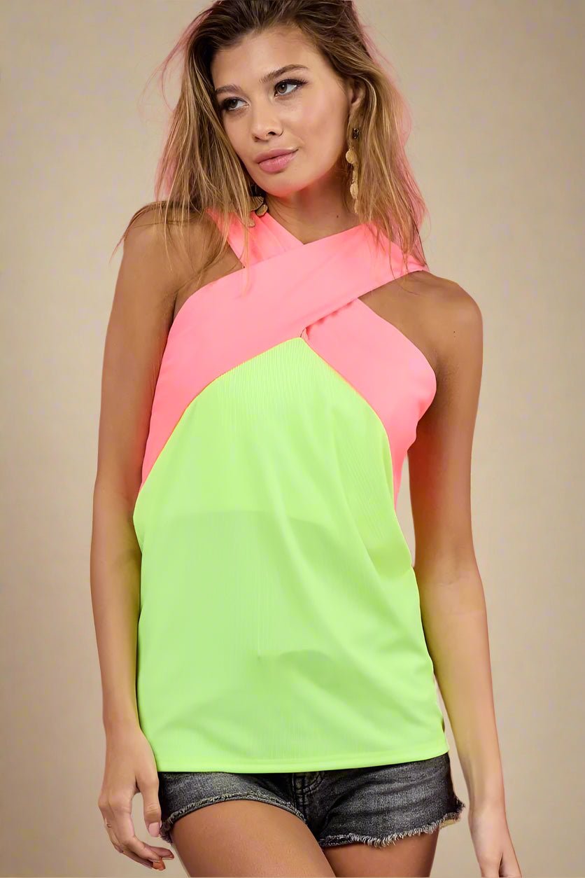 BiBi - Colorblock Crossover Halter Top in Neon Pink & Lime Green