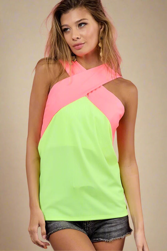 BiBi - Colorblock Crossover Halter Top in Neon Pink & Lime Green