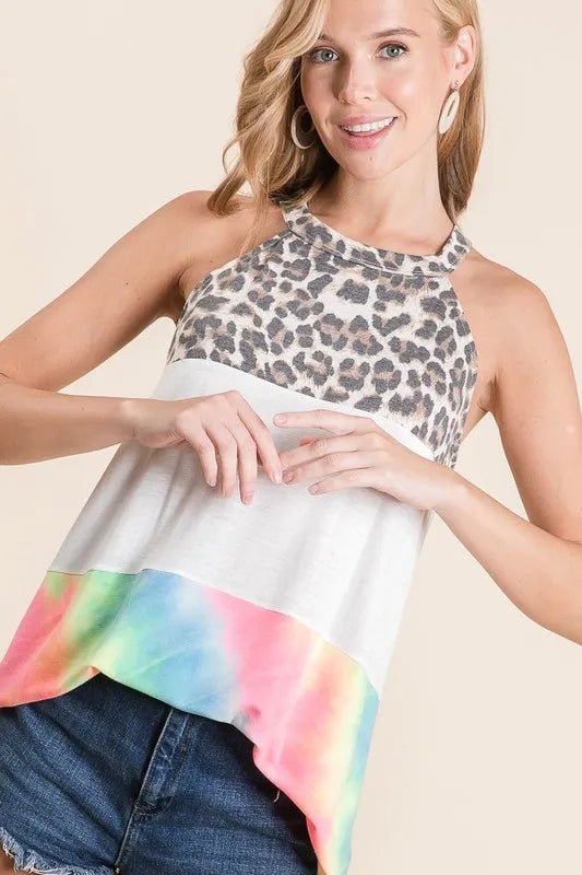 BiBi - Colorblock Halter Top – Leopard & Pastel Tie - Dye