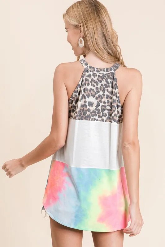 BiBi - Colorblock Halter Top – Leopard & Pastel Tie - Dye