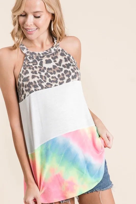 BiBi - Colorblock Halter Top – Leopard & Pastel Tie - Dye
