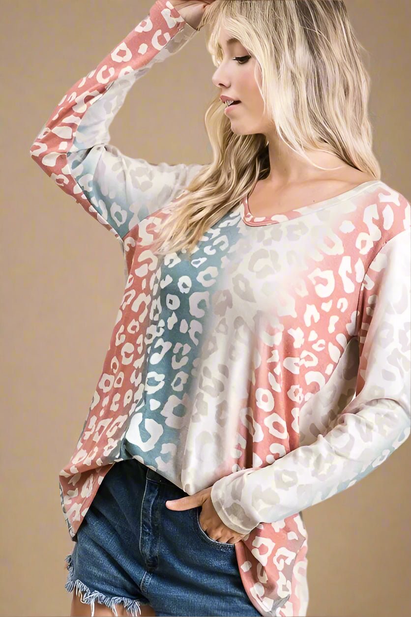 BiBi - Colorblock Leopard Print Long Sleeve Top – Rose & Teal