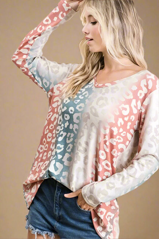 BiBi - Colorblock Leopard Print Long Sleeve Top – Rose & Teal