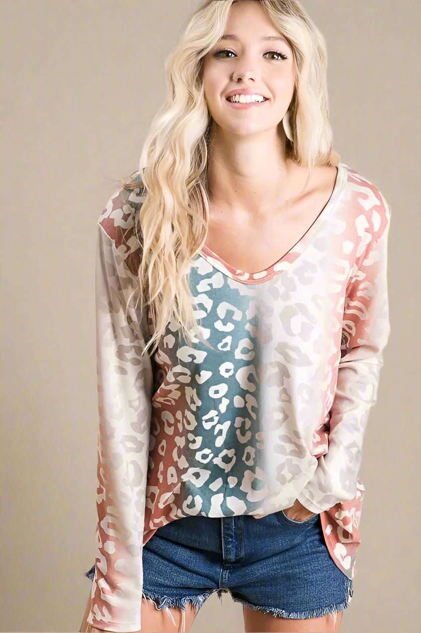 BiBi - Colorblock Leopard Print Long Sleeve Top – Rose & Teal