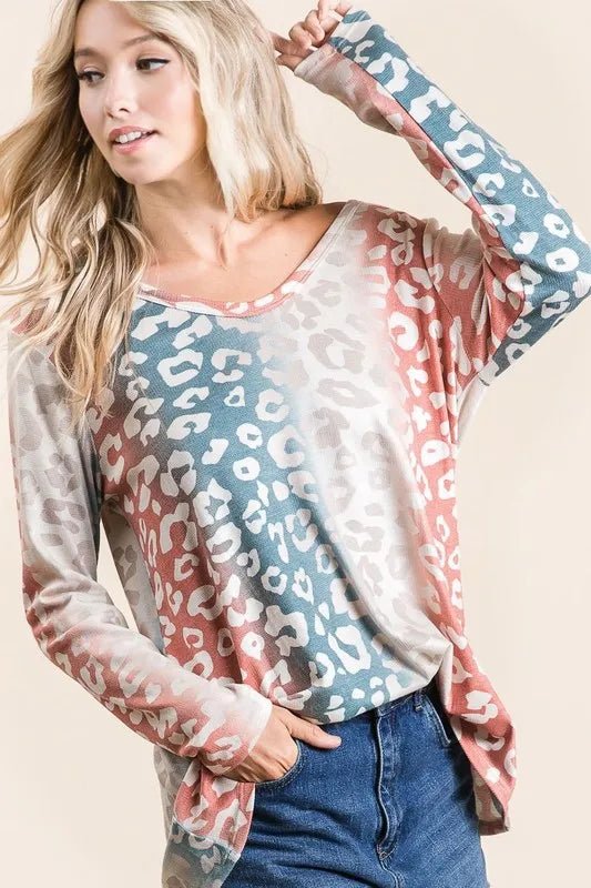 BiBi - Colorblock Leopard Print Long Sleeve Top – Rose & Teal