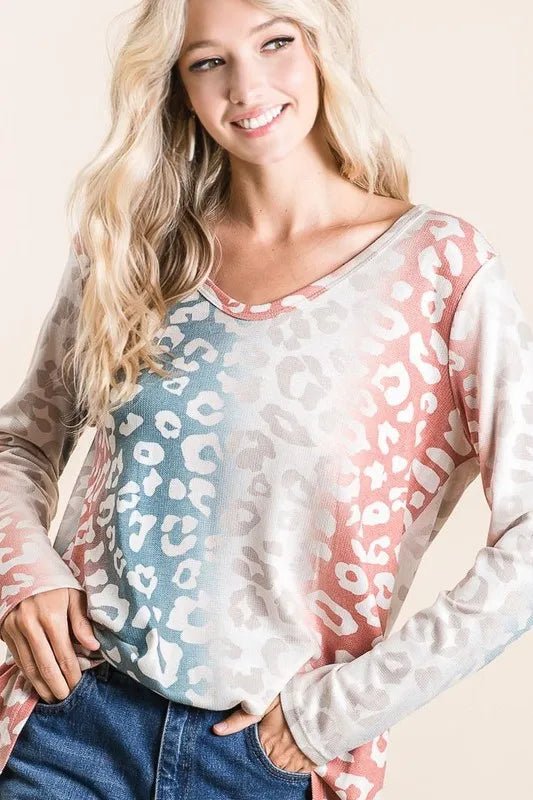 BiBi - Colorblock Leopard Print Long Sleeve Top – Rose & Teal