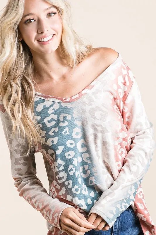 BiBi - Colorblock Leopard Print Long Sleeve Top – Rose & Teal