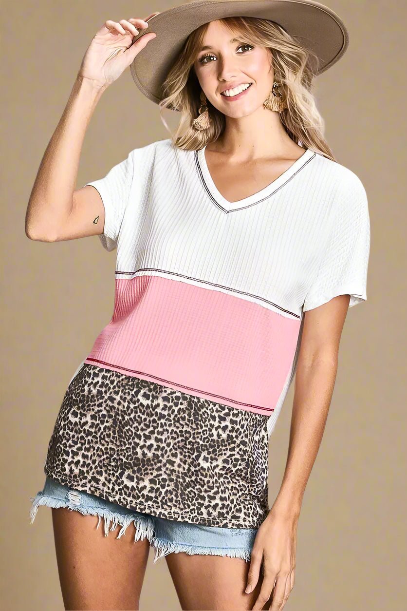 BiBi - Colorblock Leopard Print Top in White & Pink