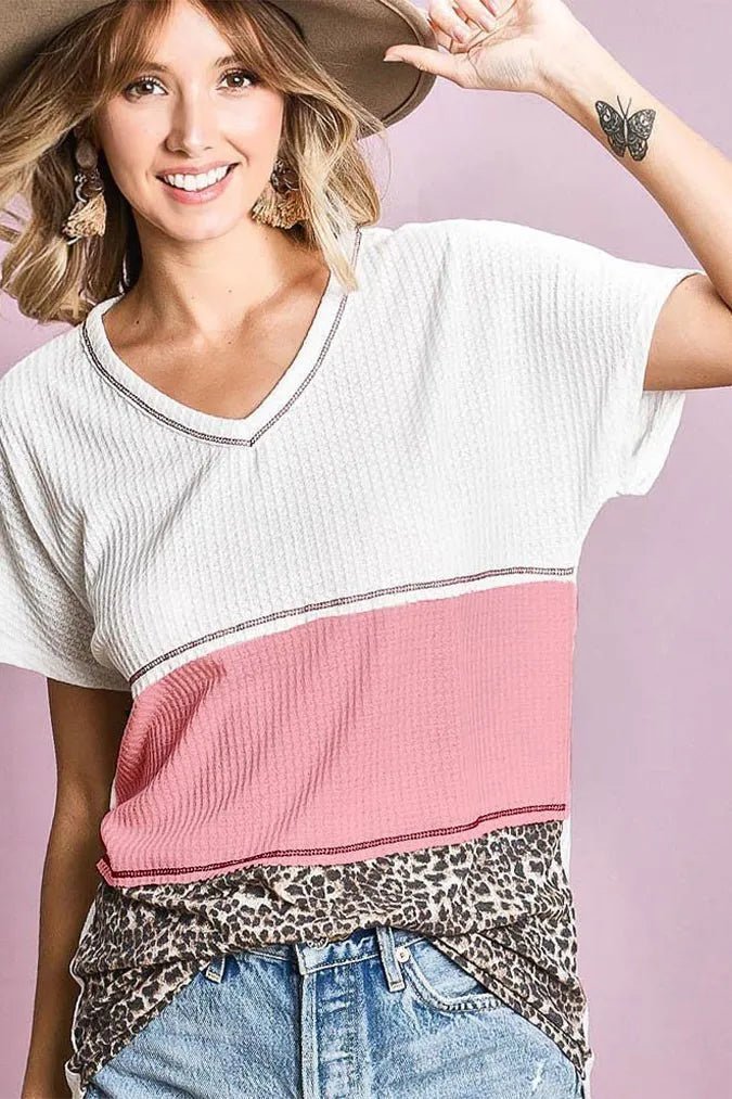 BiBi - Colorblock Leopard Print Top in White & Pink