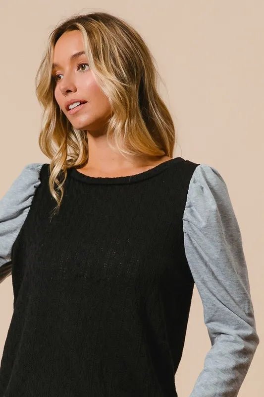 BiBi - Colorblock Puff Sleeve Knit Top – Black & Heather Gray