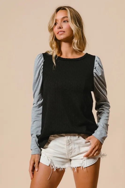 BiBi - Colorblock Puff Sleeve Knit Top – Black & Heather Gray