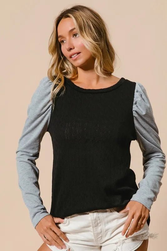 BiBi - Colorblock Puff Sleeve Knit Top – Black & Heather Gray