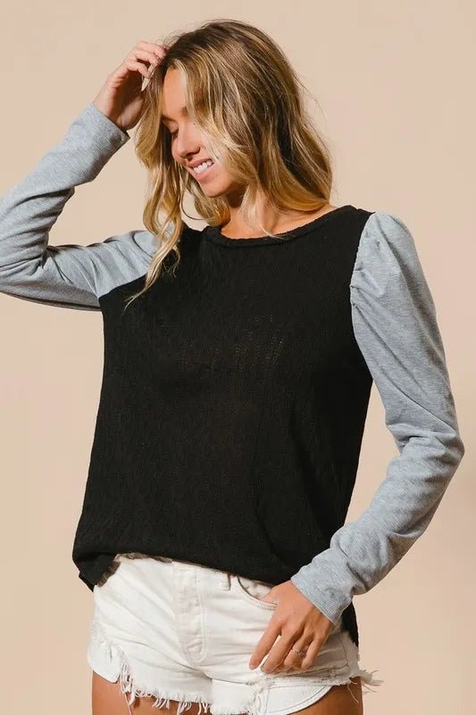 BiBi - Colorblock Puff Sleeve Knit Top – Black & Heather Gray
