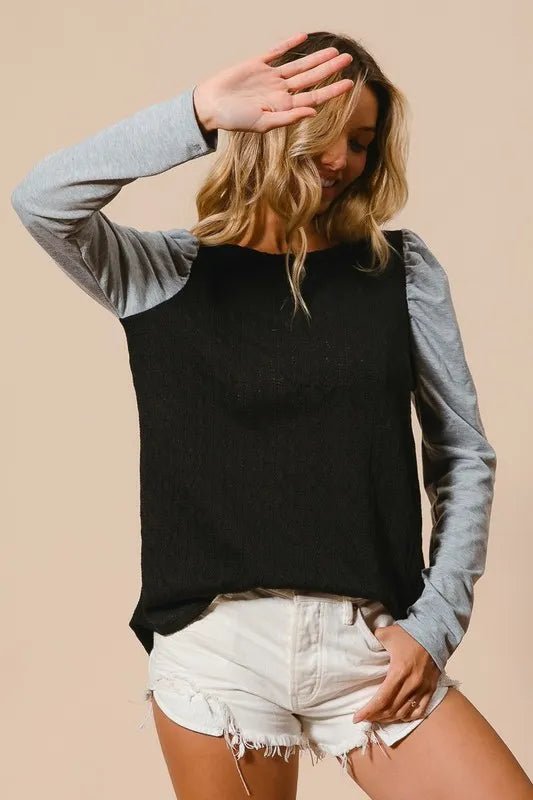 BiBi - Colorblock Puff Sleeve Knit Top – Black & Heather Gray