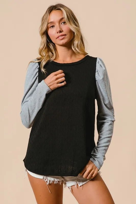 BiBi - Colorblock Puff Sleeve Knit Top – Black & Heather Gray
