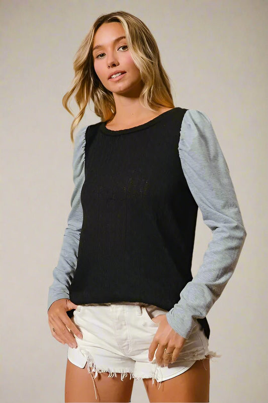 BiBi - Colorblock Puff Sleeve Knit Top – Black & Heather Gray