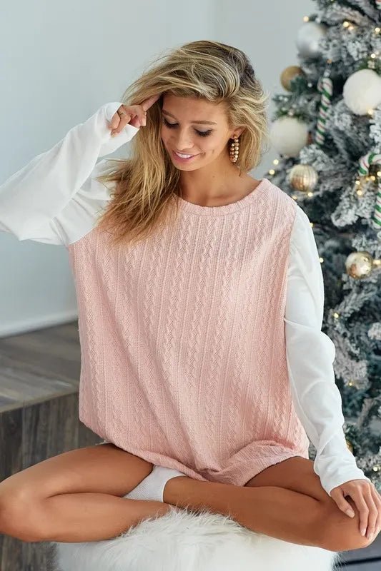 BiBi - Colorblock Puff Sleeve Knit Top – Blush Pink & White