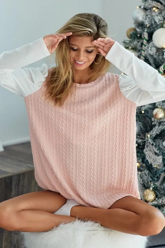 BiBi - Colorblock Puff Sleeve Knit Top – Blush Pink & White