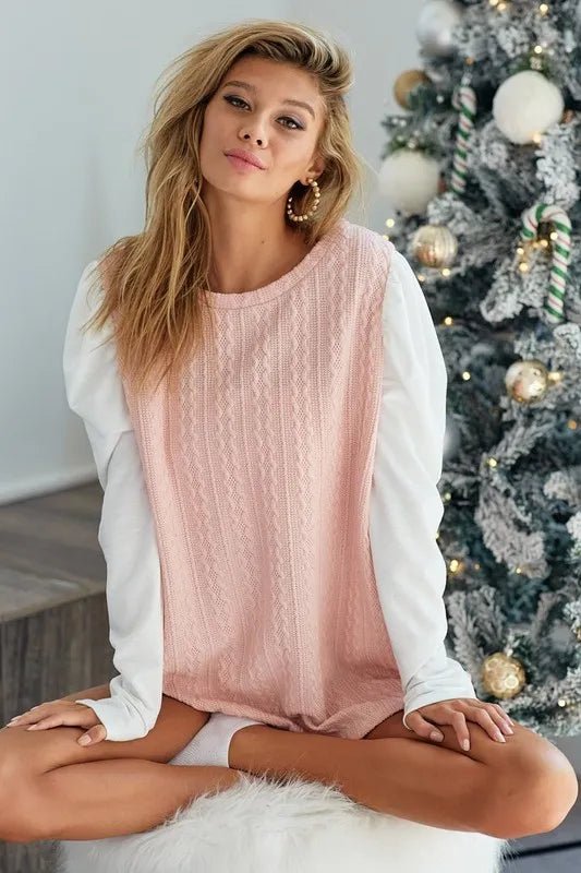 BiBi - Colorblock Puff Sleeve Knit Top – Blush Pink & White