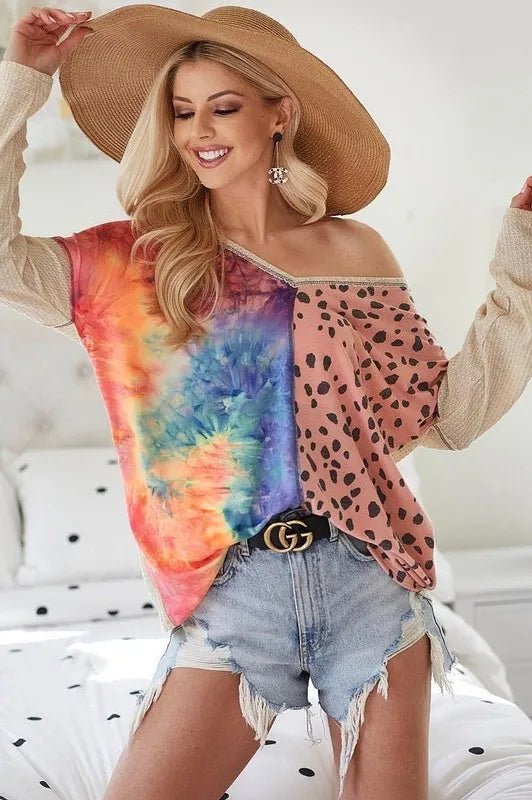 BiBi - Colorblock Tie - Dye & Leopard Pullover – Rainbow & Blush
