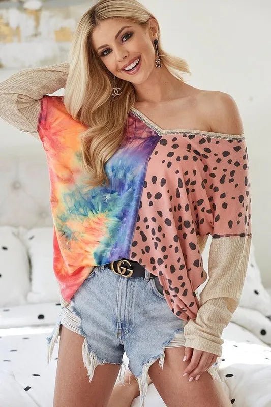 BiBi - Colorblock Tie - Dye & Leopard Pullover – Rainbow & Blush