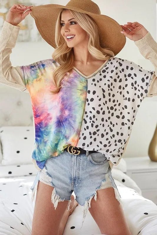 BiBi - Colorblock Tie - Dye & Leopard Pullover – Rainbow & Ivory
