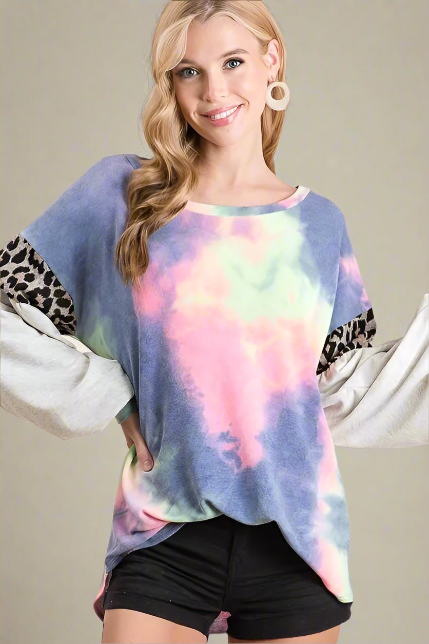 BiBi - Colorblock Tie - Dye Pullover – Navy Multi & Leopard Trim