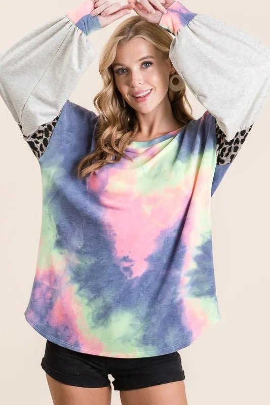 BiBi - Colorblock Tie - Dye Pullover – Navy Multi & Leopard Trim