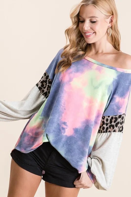 BiBi - Colorblock Tie - Dye Pullover – Navy Multi & Leopard Trim