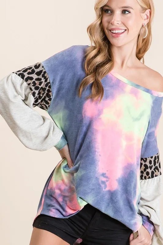 BiBi - Colorblock Tie - Dye Pullover – Navy Multi & Leopard Trim