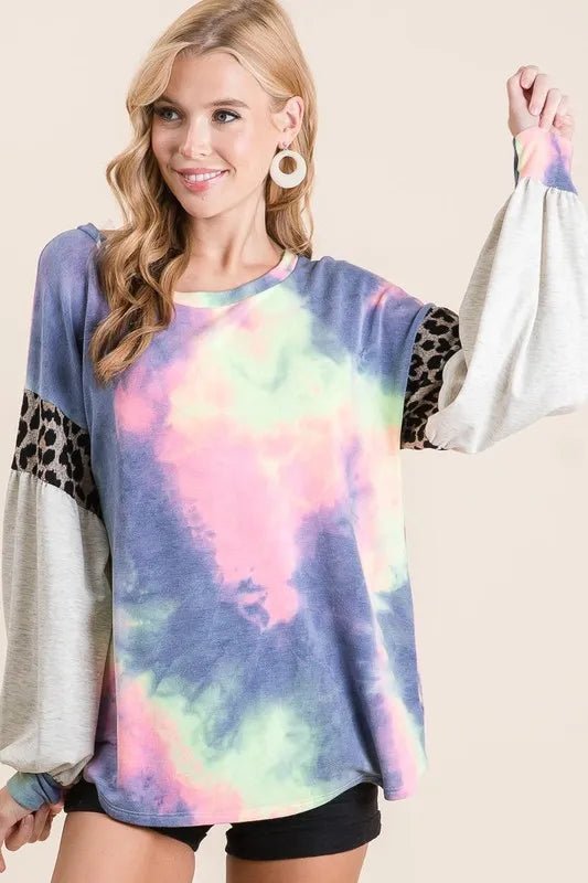 BiBi - Colorblock Tie - Dye Pullover – Navy Multi & Leopard Trim