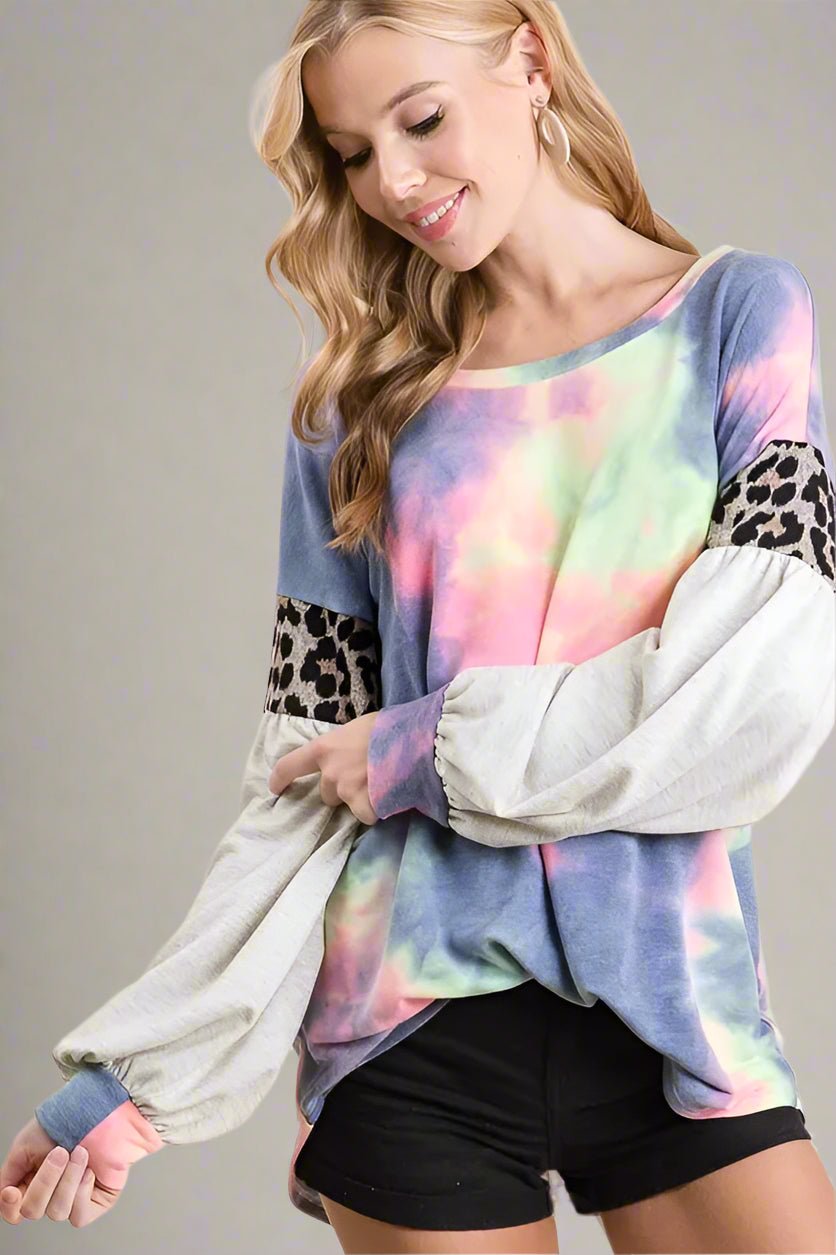 BiBi - Colorblock Tie - Dye Pullover – Navy Multi & Leopard Trim