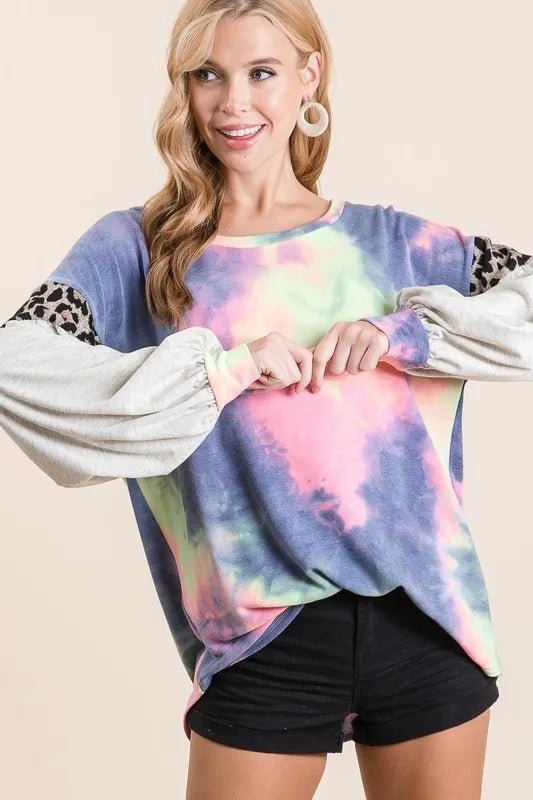 BiBi - Colorblock Tie - Dye Pullover – Navy Multi & Leopard Trim