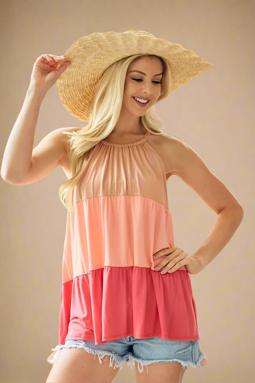 BiBi - Colorblock Tiered Halter Top – Peach & Coral