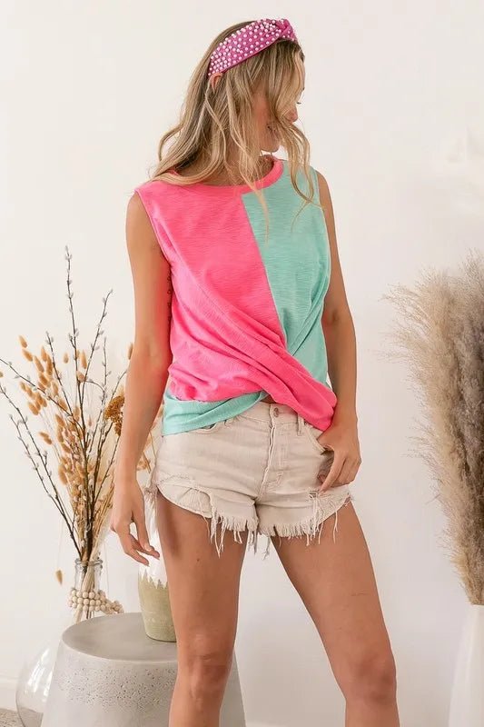 BiBi - Colorblock Twist Front Tank in Neon Pink & Aqua Green