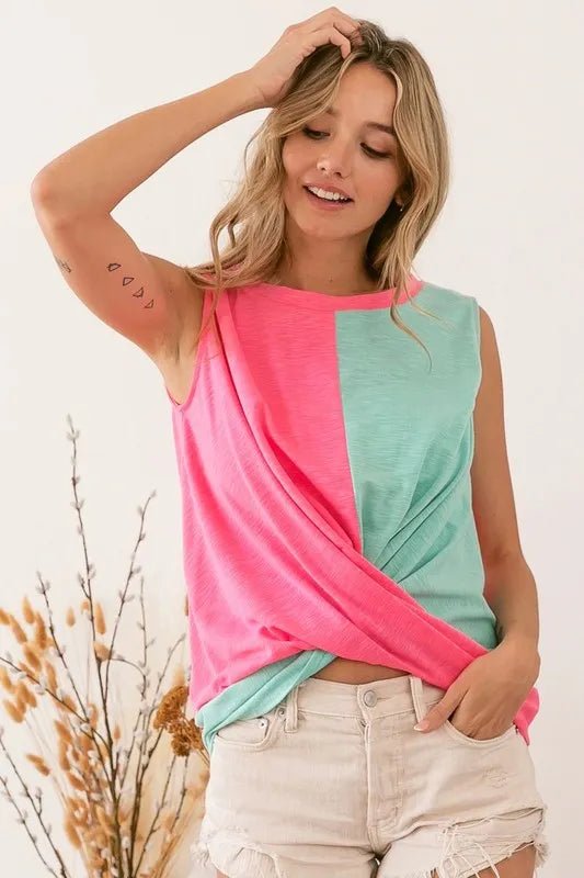 BiBi - Colorblock Twist Front Tank in Neon Pink & Aqua Green