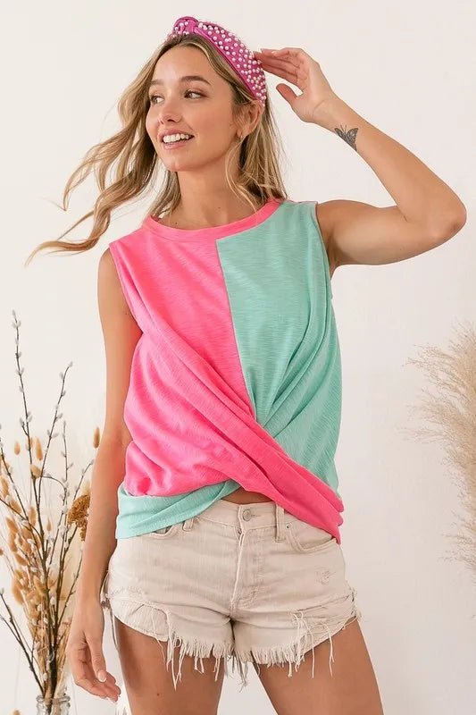 BiBi - Colorblock Twist Front Tank in Neon Pink & Aqua Green