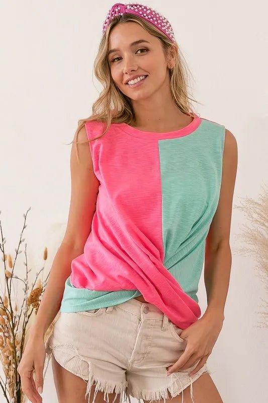 BiBi - Colorblock Twist Front Tank in Neon Pink & Aqua Green