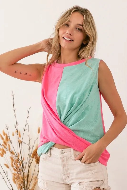 BiBi - Colorblock Twist Front Tank in Neon Pink & Aqua Green