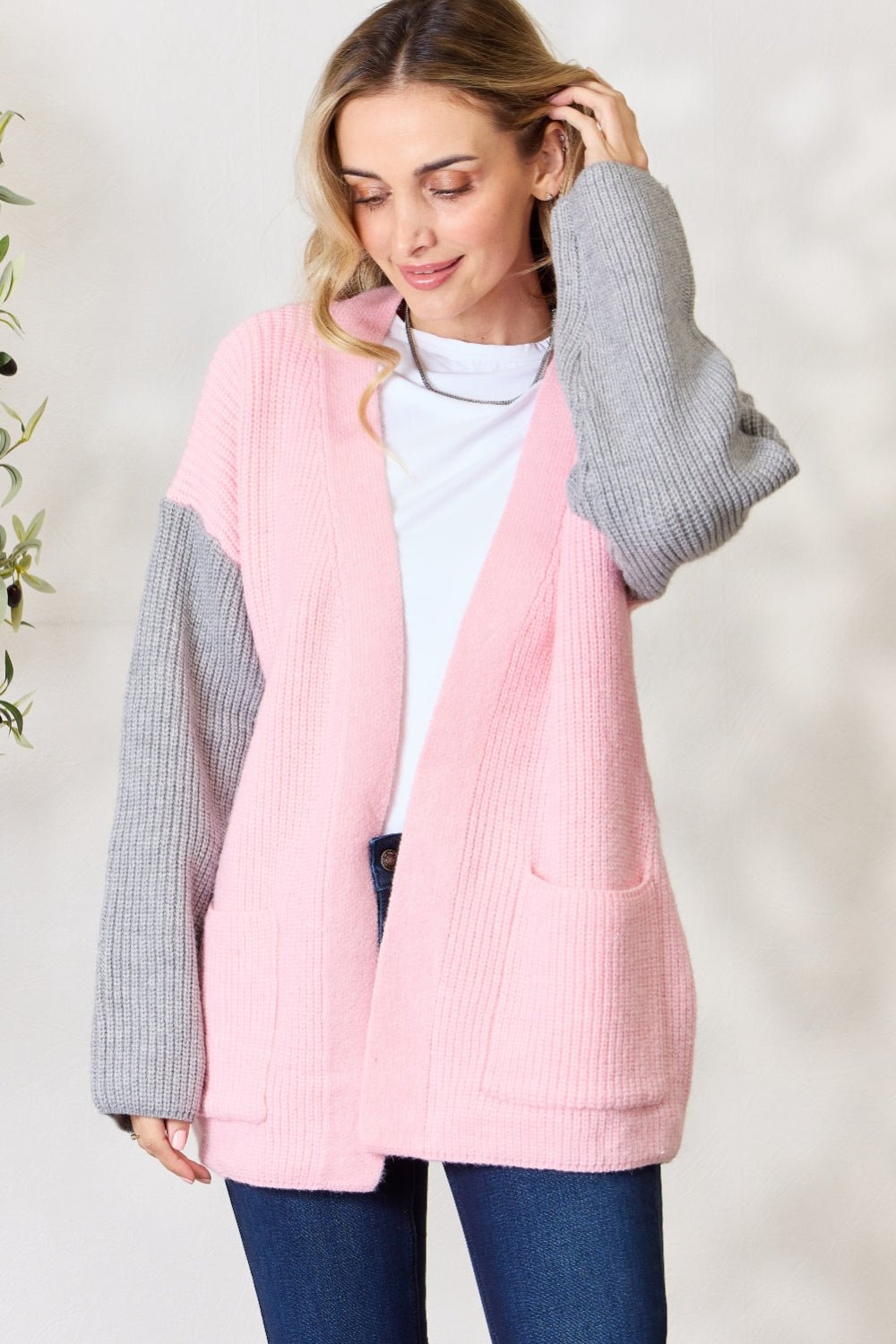 BiBi - Contrast Open Front Cardigan with Pockets in Blush Grey