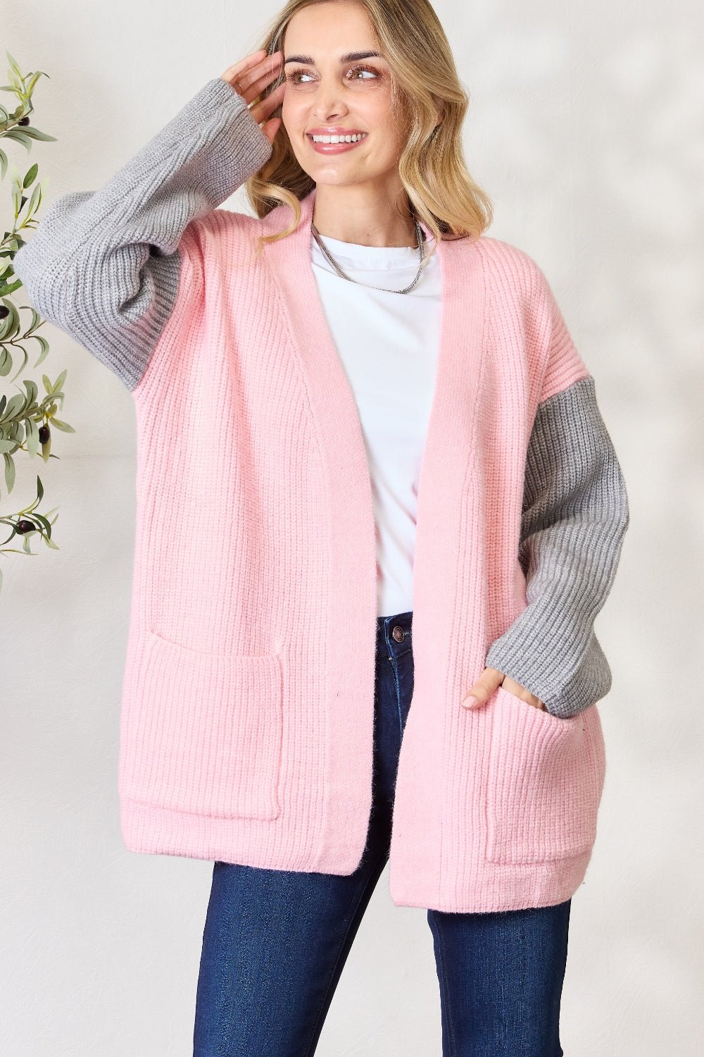 BiBi - Contrast Open Front Cardigan with Pockets in Blush Grey