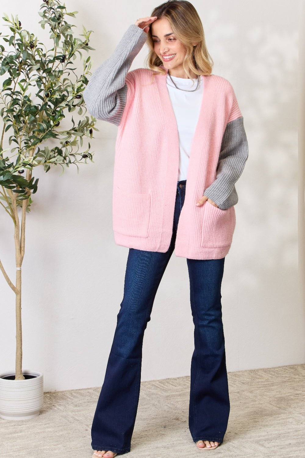 BiBi - Contrast Open Front Cardigan with Pockets in Blush Grey