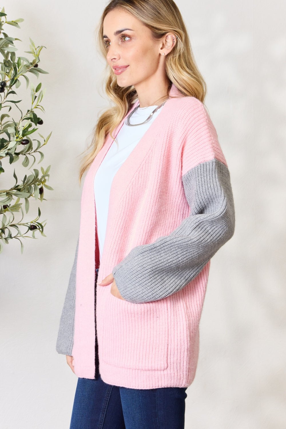 BiBi - Contrast Open Front Cardigan with Pockets in Blush Grey