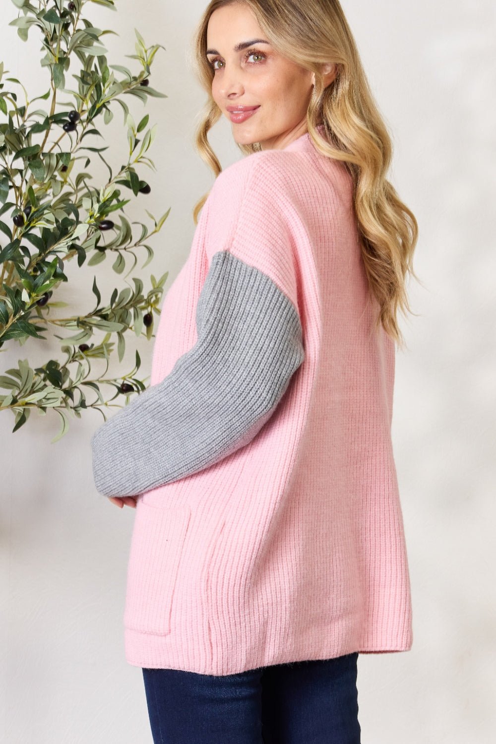 BiBi - Contrast Open Front Cardigan with Pockets in Blush Grey