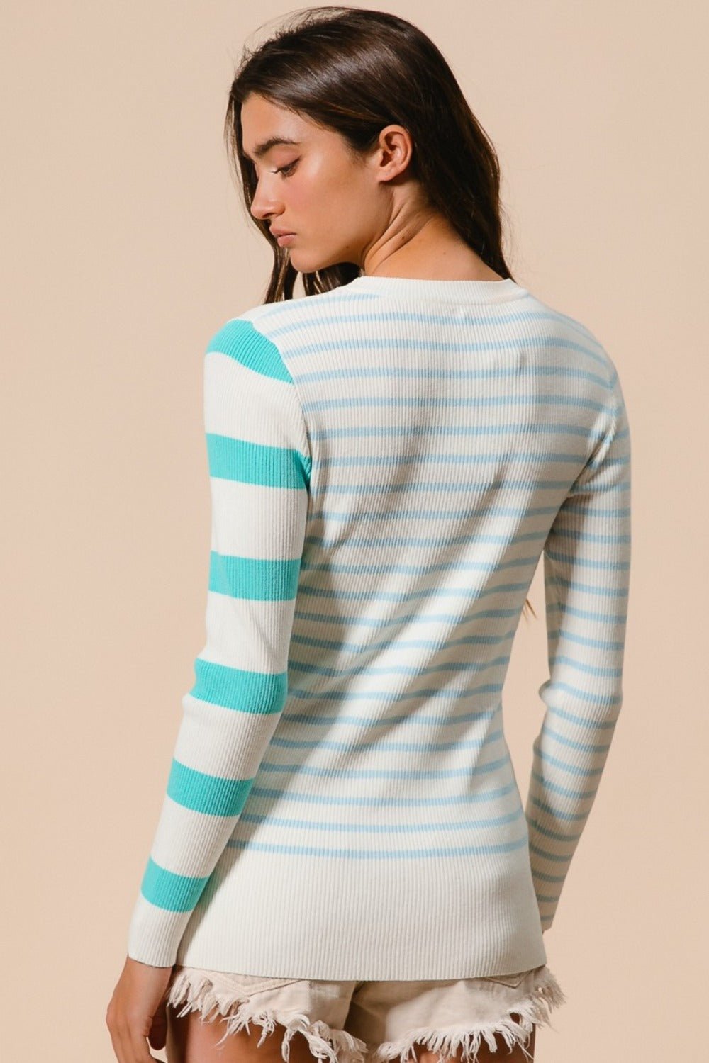 BiBi - Contrast Striped Asymmetrical Hem Knit Top in Mint Ivory