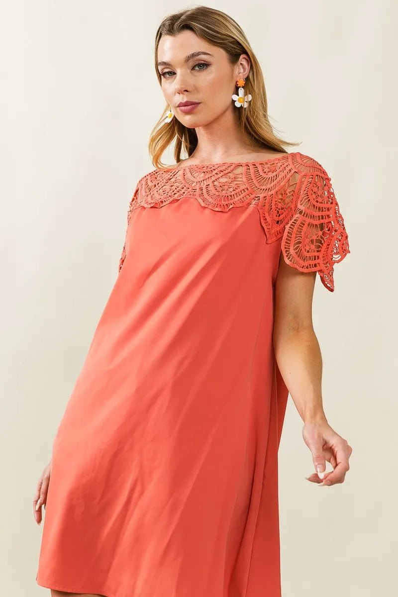 BiBi - Crochet Yoke Mini Dress in Coral Rose
