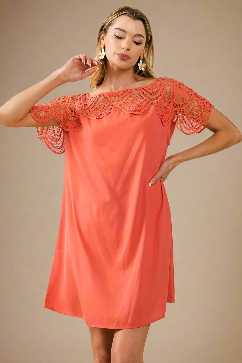 BiBi - Crochet Yoke Mini Dress in Coral Rose