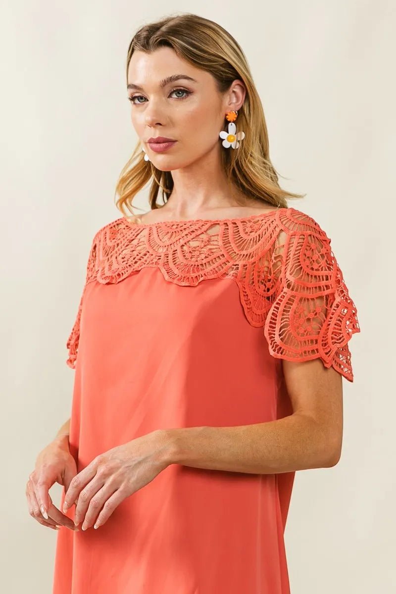 BiBi - Crochet Yoke Mini Dress in Coral Rose