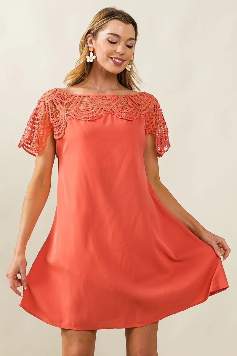 BiBi - Crochet Yoke Mini Dress in Coral Rose