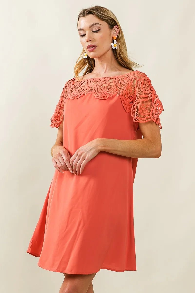 BiBi - Crochet Yoke Mini Dress in Coral Rose